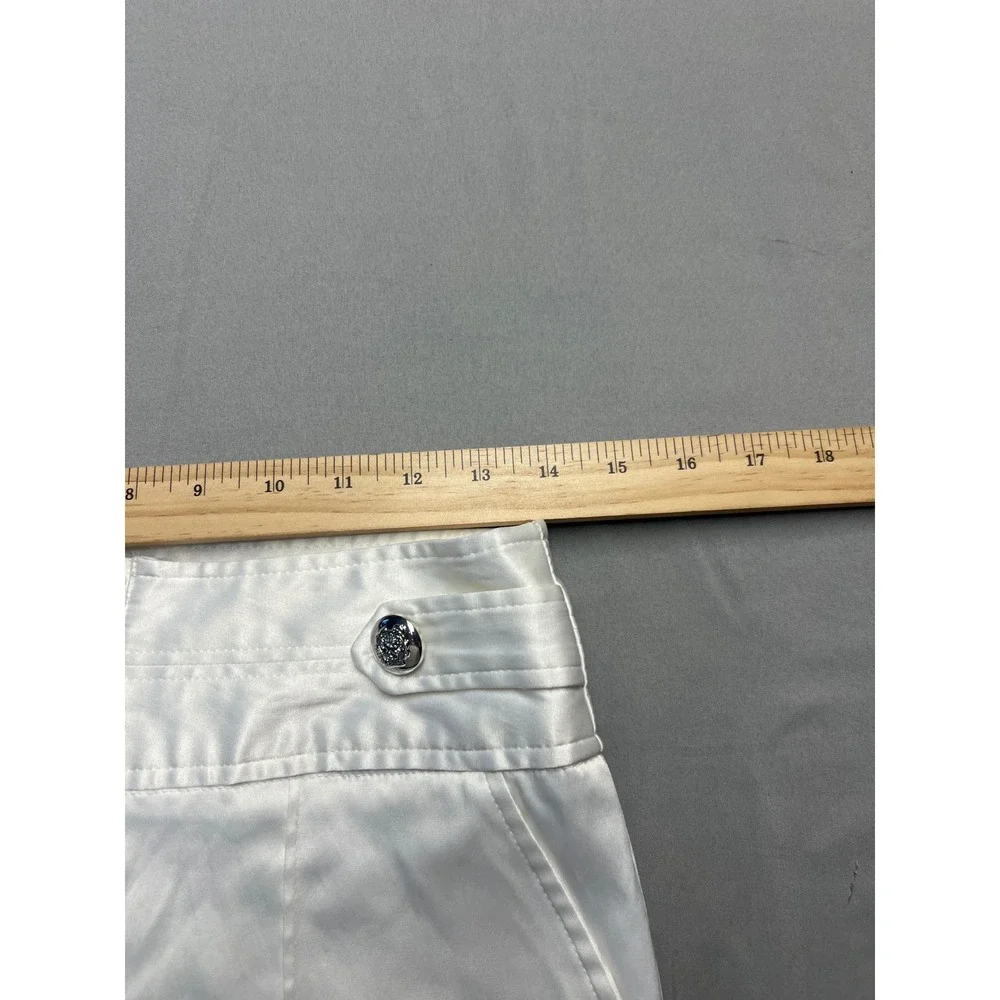 Star Style White Satin Exposed Zip Hot Pants Mini Shorts Silver Buttons Size 3